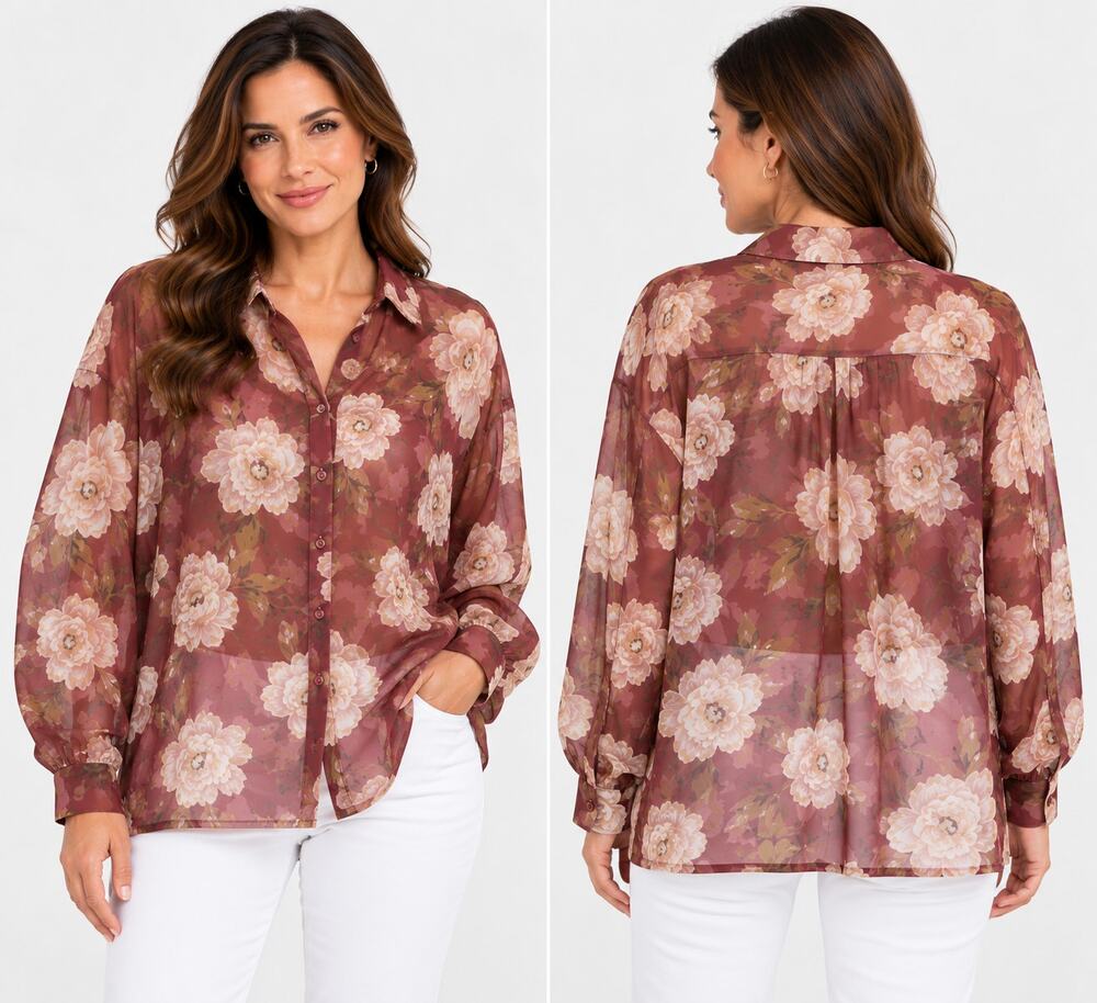 Bailey 44 womens XL brown white Floral Button-Down Long Sleeve Sheer Blouse NEW